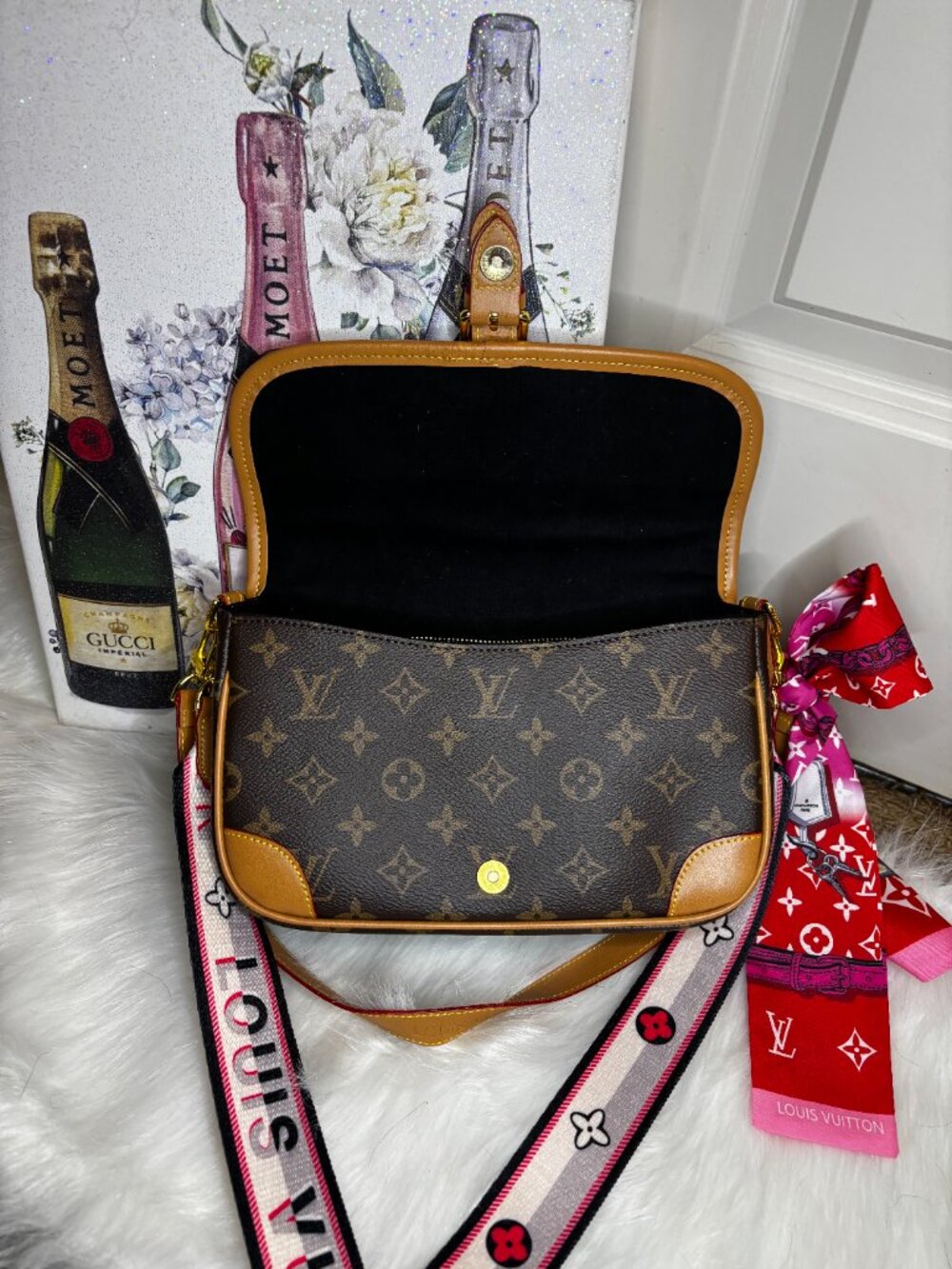 LV Monogram Crossbody Bag | Pink & White Strap + Scarf - Picture 3 of 5